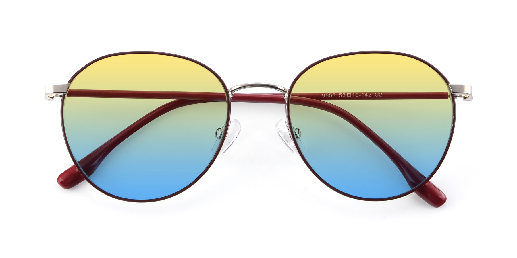 Folded Front of 9553 in Wine-Silver with Yellow / Blue Gradient Lenses
