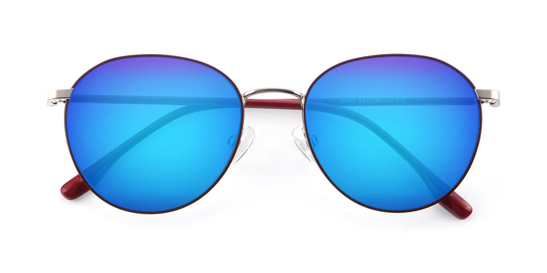 Folded Front of 9553 in Wine-Silver with Blue Mirrored Lenses