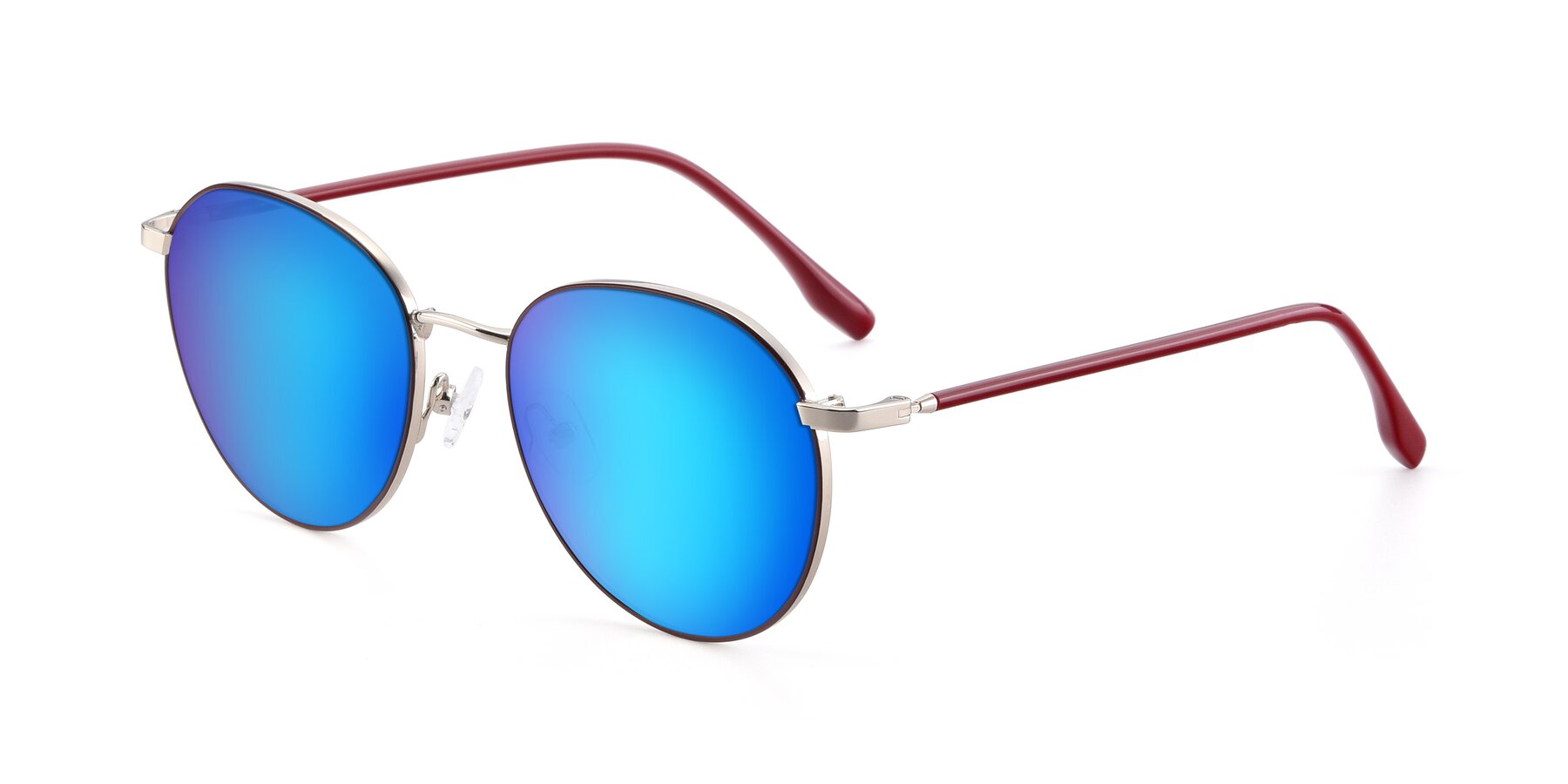 Angle of 9553 in Wine-Silver with Blue Mirrored Lenses