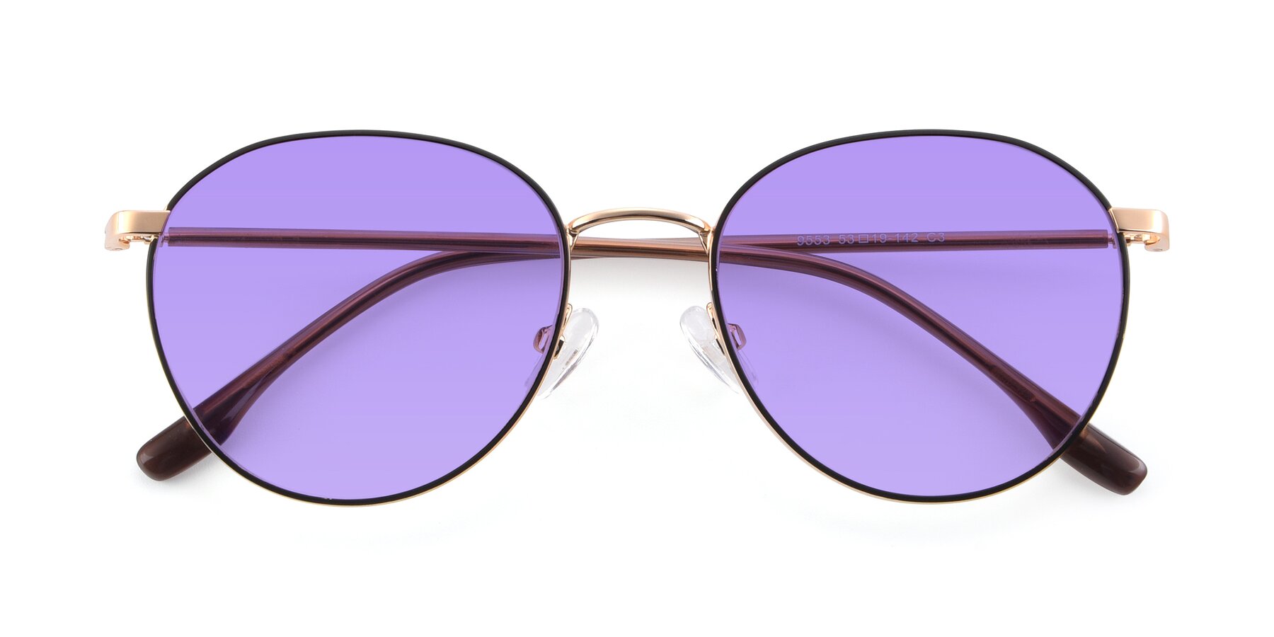 Folded Front of 9553 in Black-Gold with Medium Purple Tinted Lenses