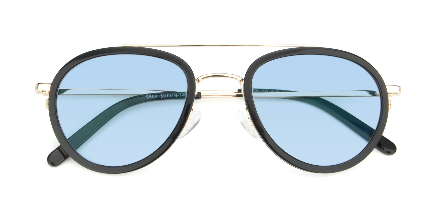 Folded Front of 9554 in Black-Gold with Light Blue Tinted Lenses