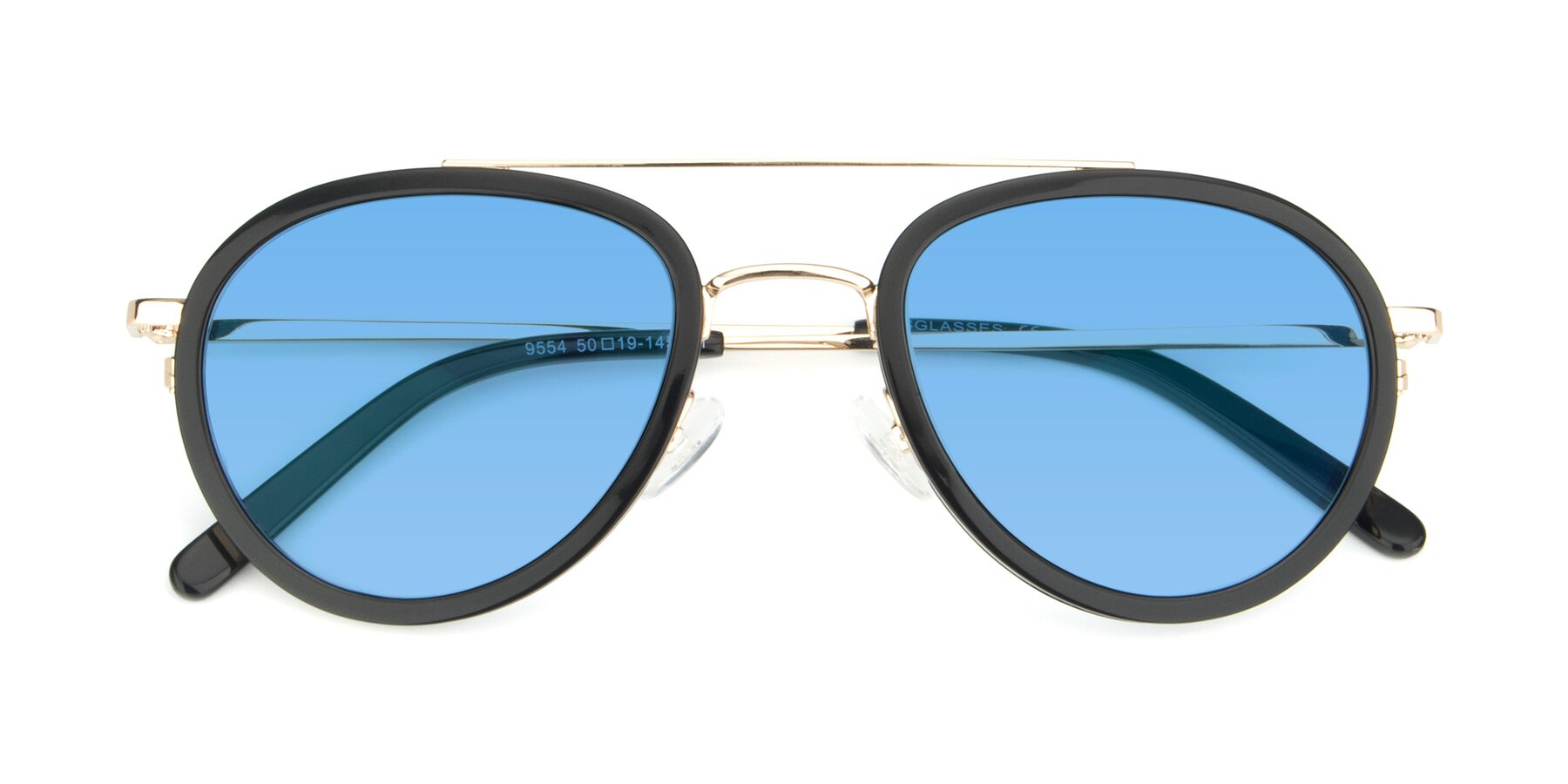 Folded Front of 9554 in Black-Gold with Medium Blue Tinted Lenses