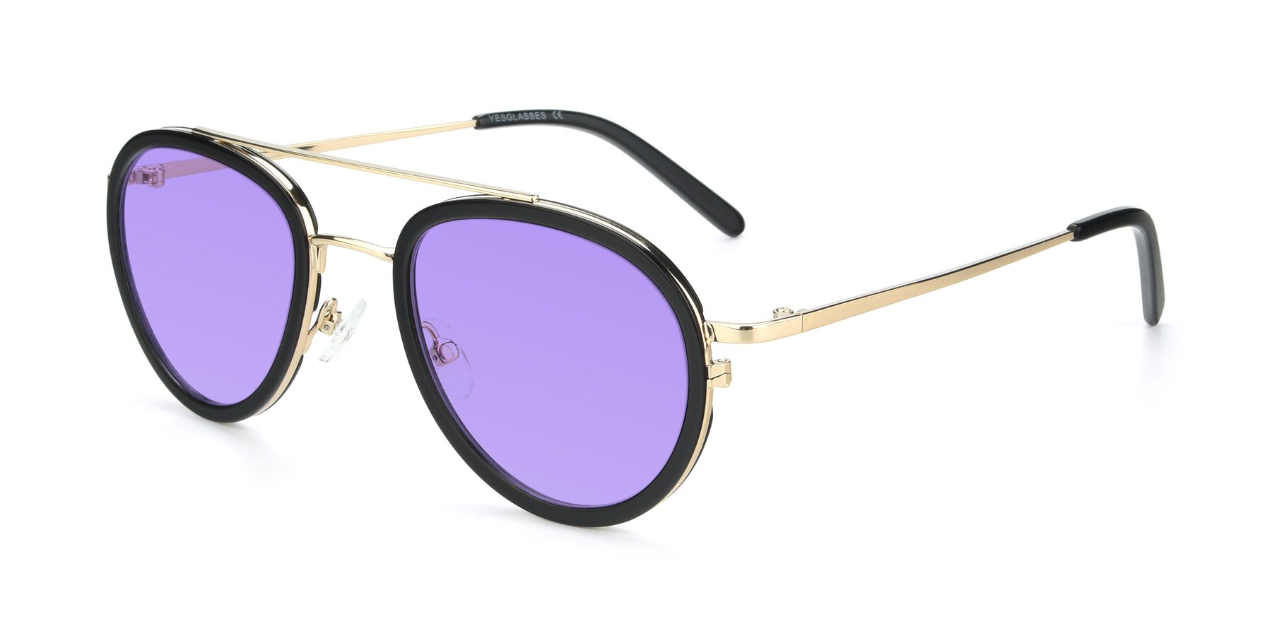 Angle of 9554 in Black-Gold with Medium Purple Tinted Lenses
