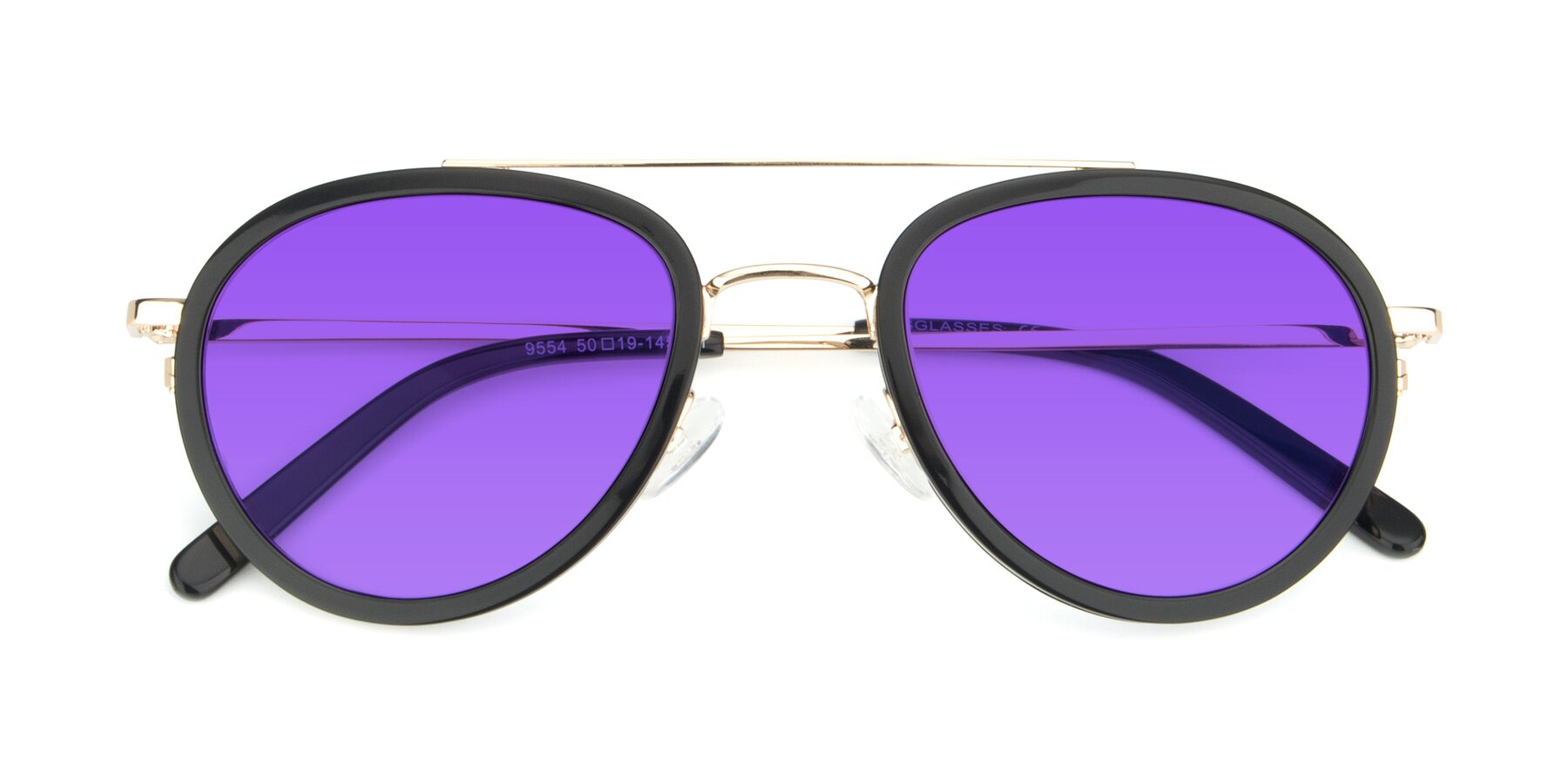 Folded Front of 9554 in Black-Gold with Purple Tinted Lenses