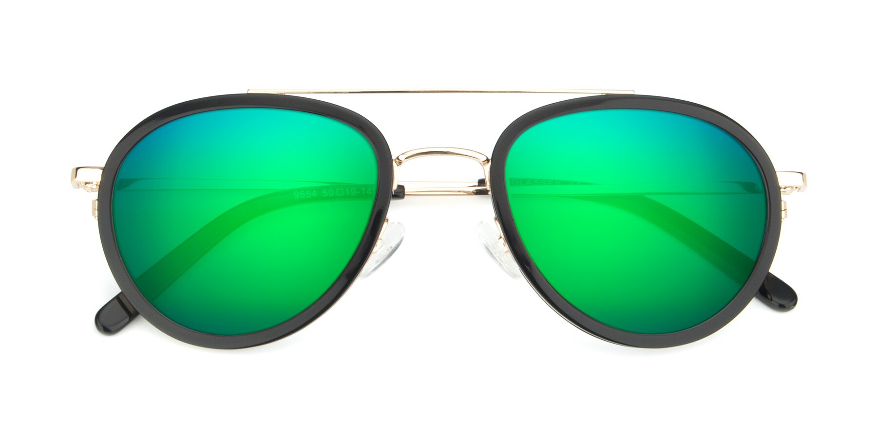 Folded Front of 9554 in Black-Gold with Green Mirrored Lenses
