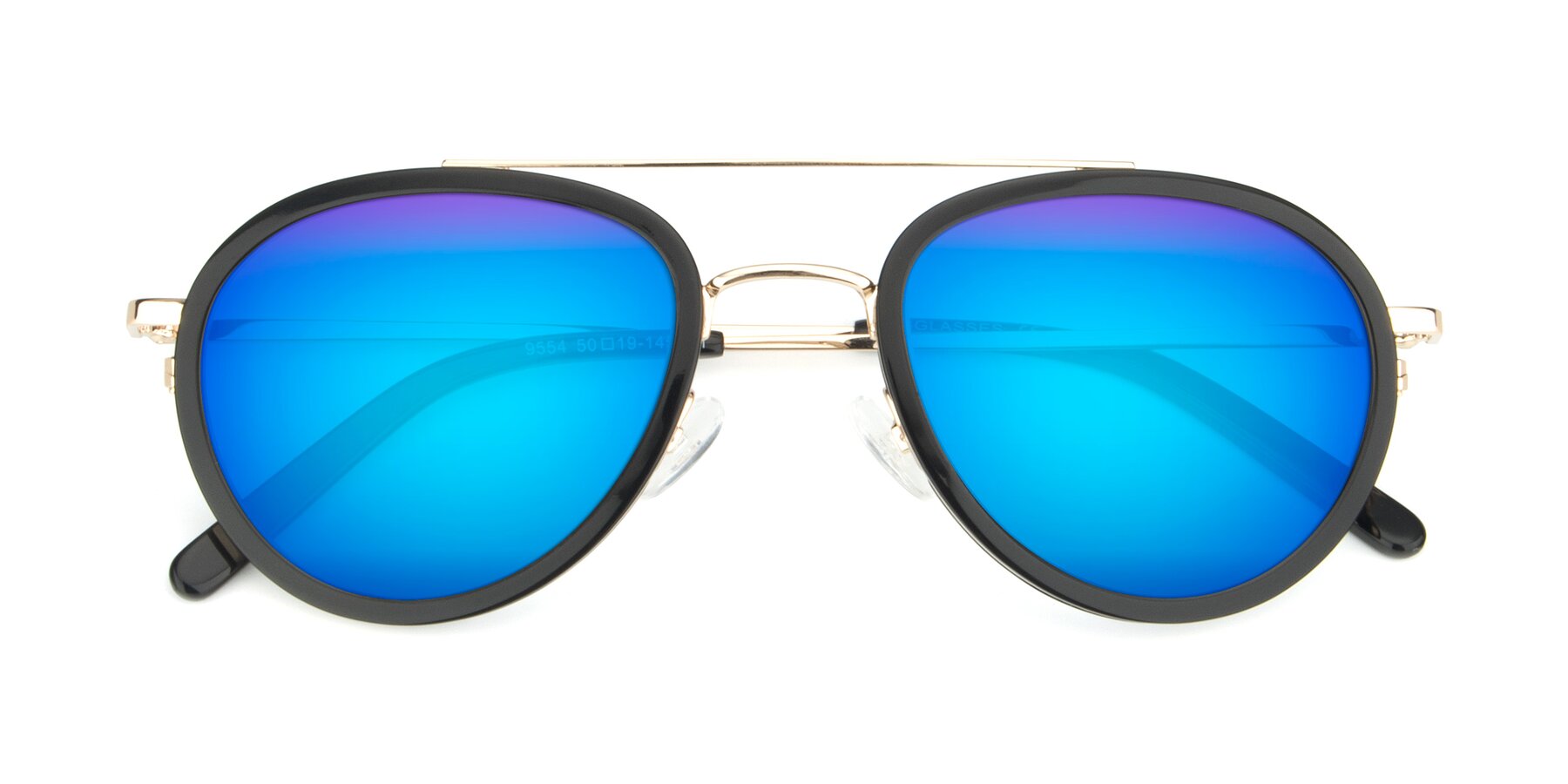 Folded Front of 9554 in Black-Gold with Blue Mirrored Lenses