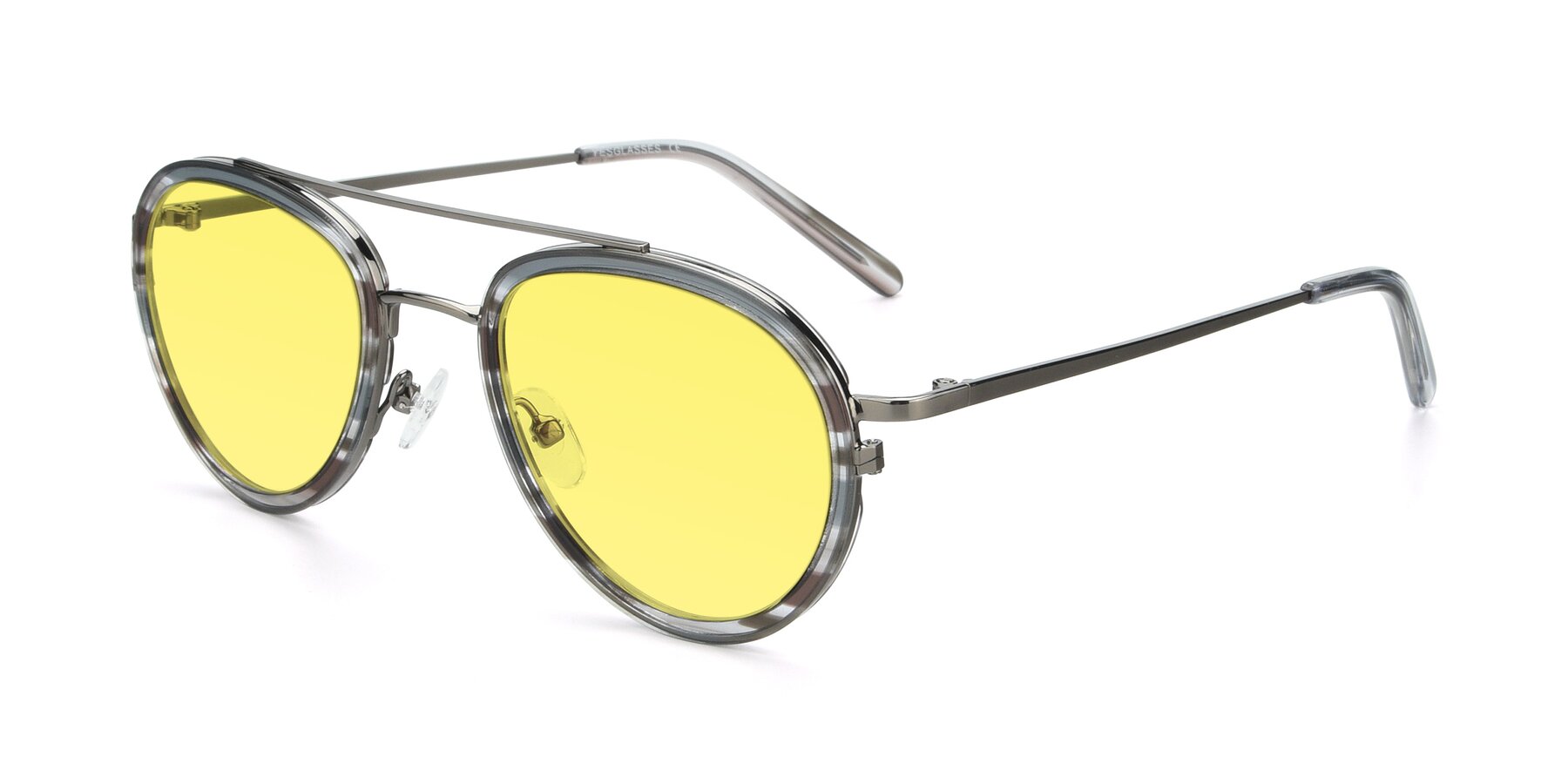Gunmetal-Transparent Double Bridge Retro-Vintage Aviator Tinted Sunglasses with Medium Yellow Sunwear Lenses