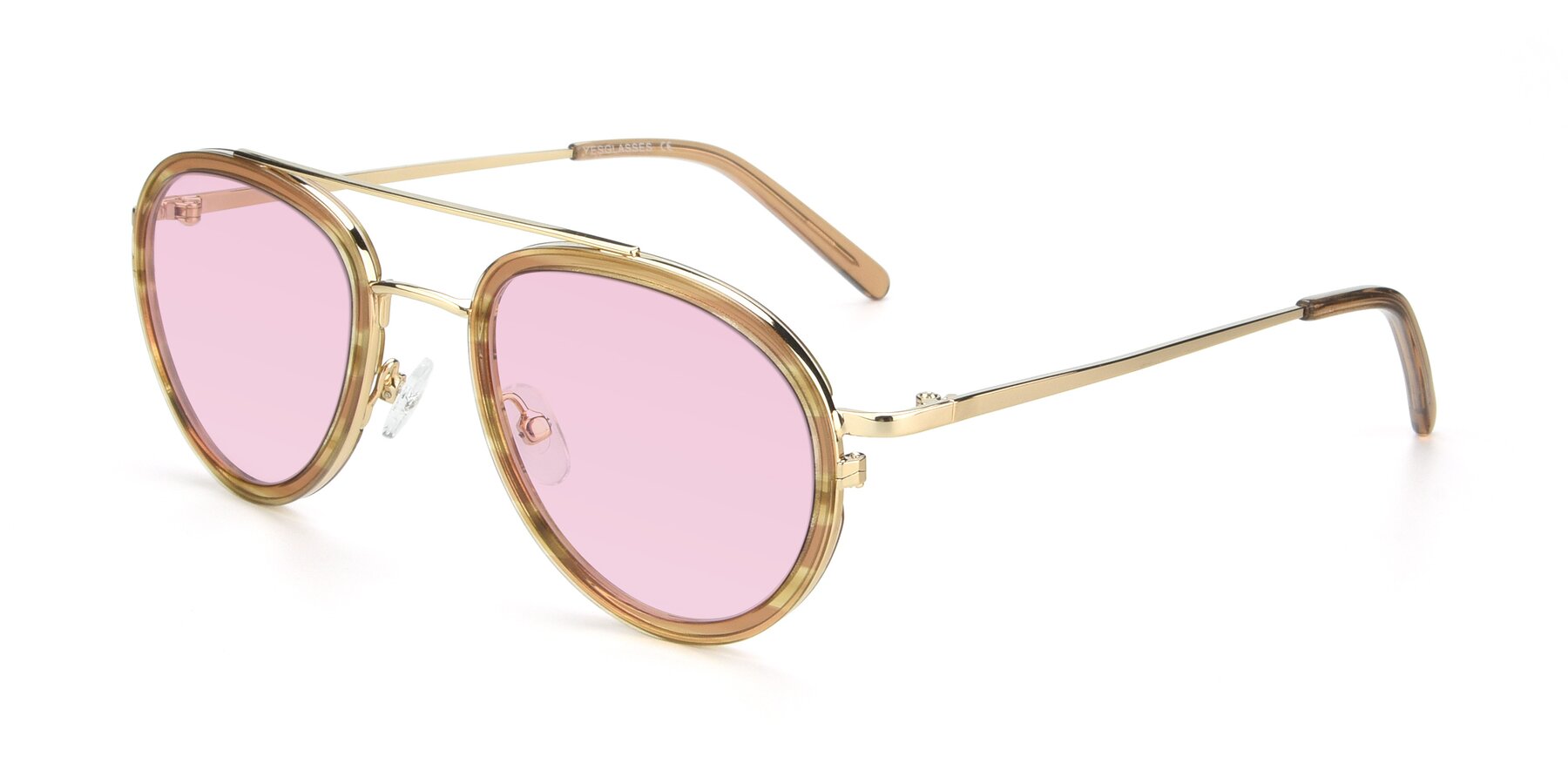 Angle of 9554 in Gold-Caramel with Light Pink Tinted Lenses