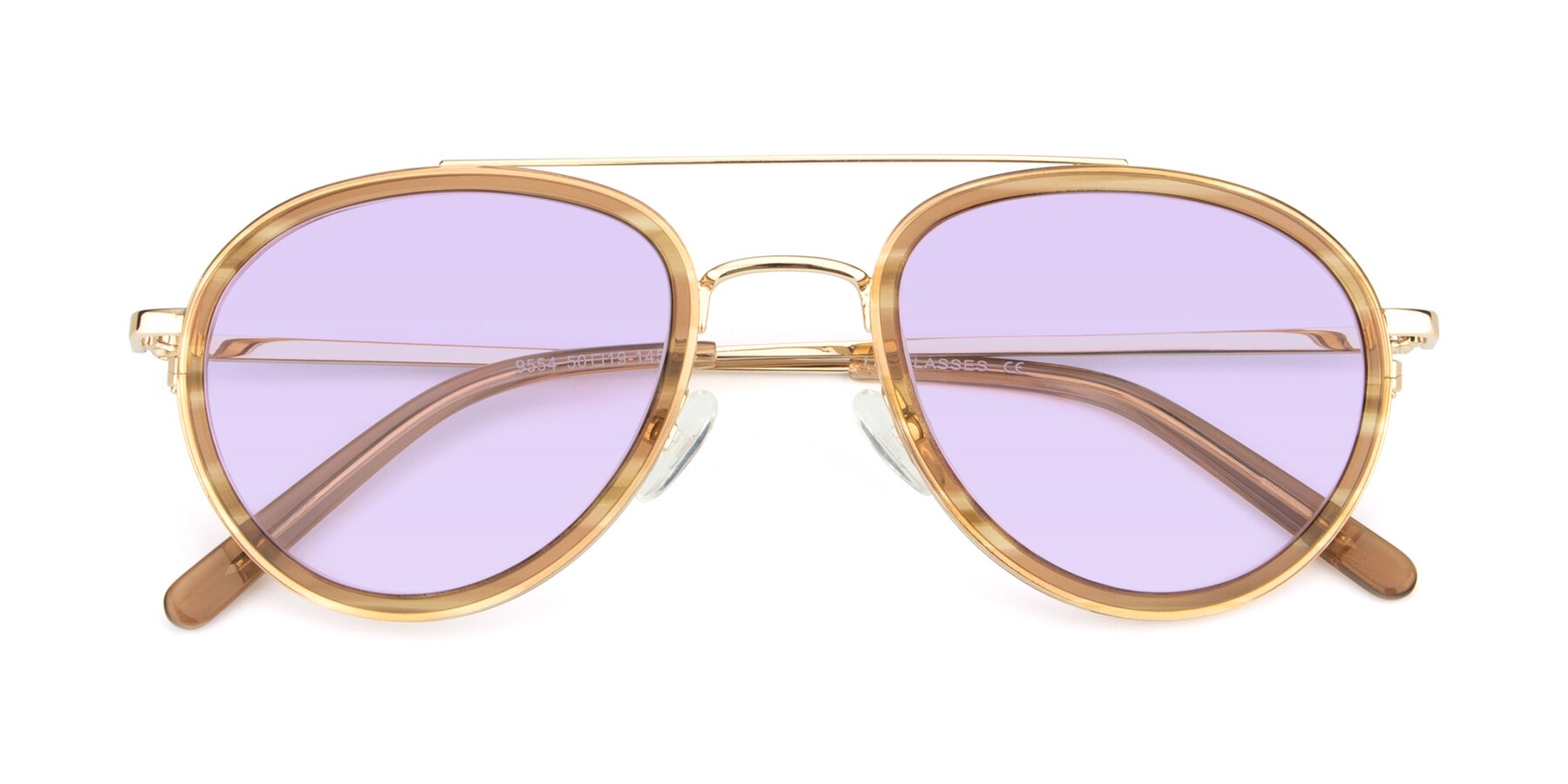 Folded Front of 9554 in Gold-Caramel with Light Purple Tinted Lenses