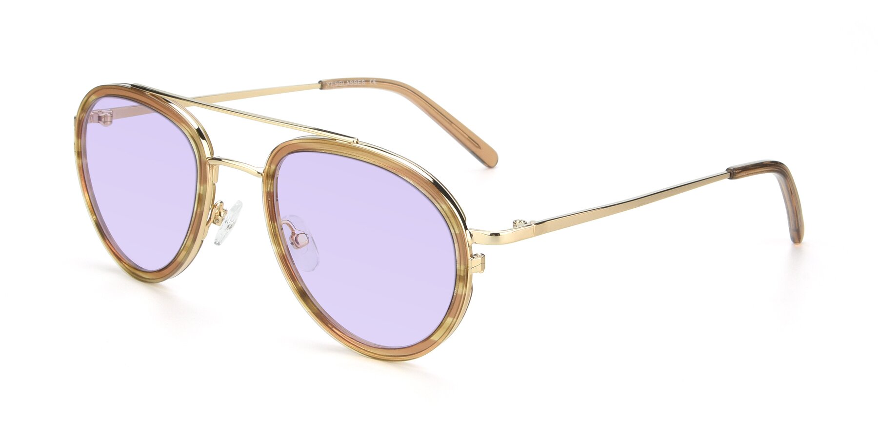 Angle of 9554 in Gold-Caramel with Light Purple Tinted Lenses