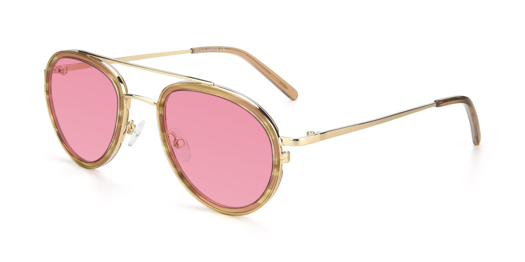 Angle of 9554 in Gold-Caramel with Pink Tinted Lenses