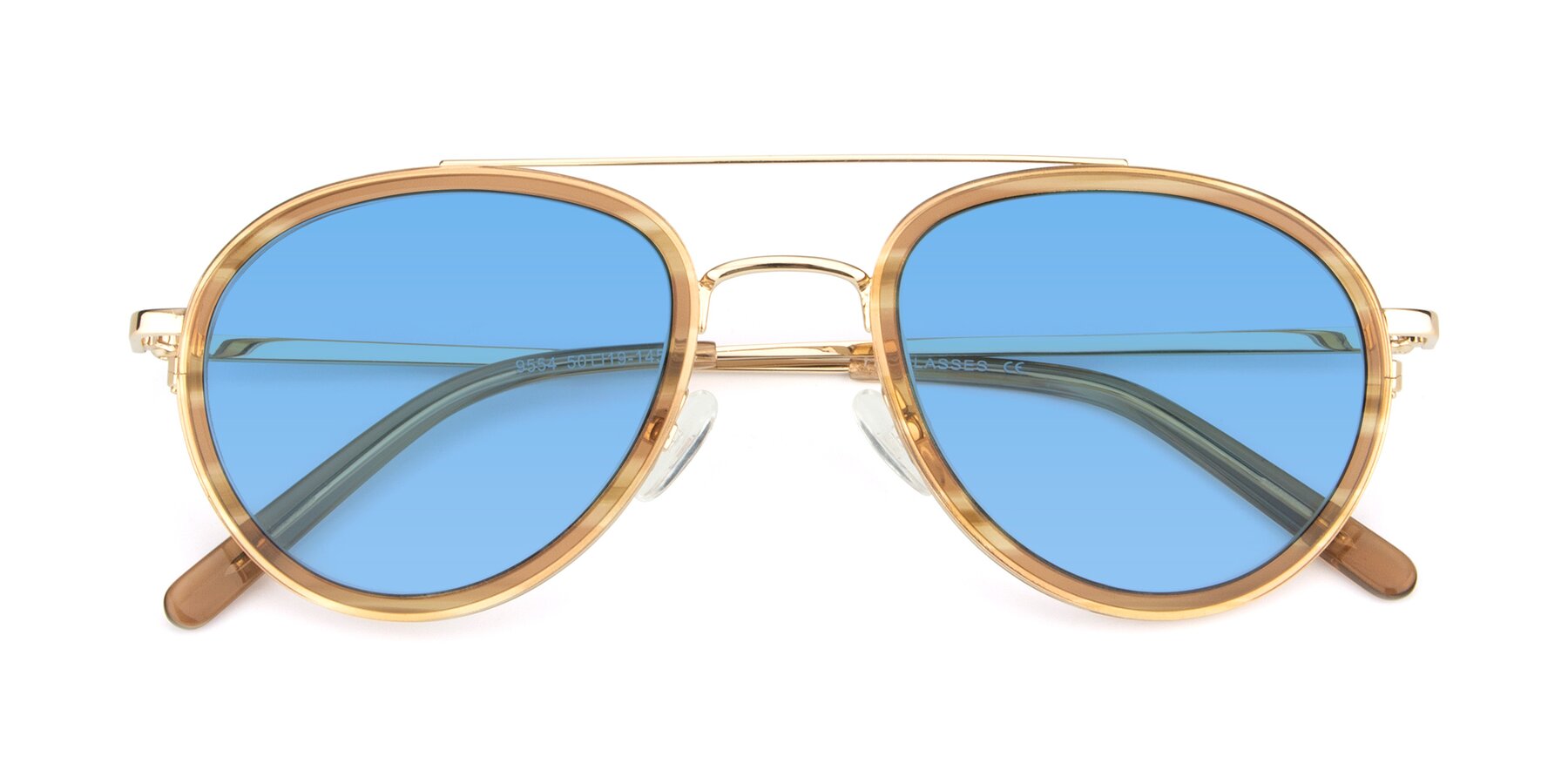Folded Front of 9554 in Gold-Caramel with Medium Blue Tinted Lenses