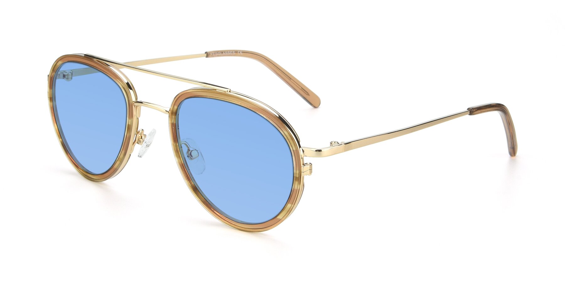 Angle of 9554 in Gold-Caramel with Medium Blue Tinted Lenses