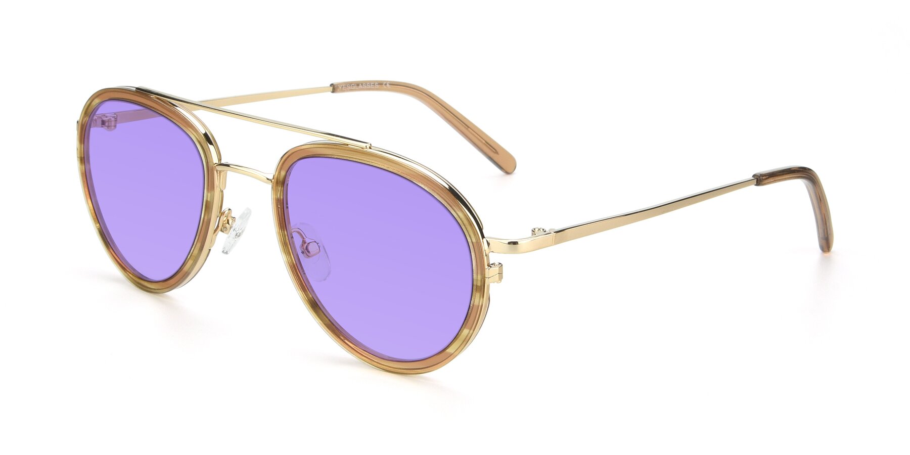 Angle of 9554 in Gold-Caramel with Medium Purple Tinted Lenses