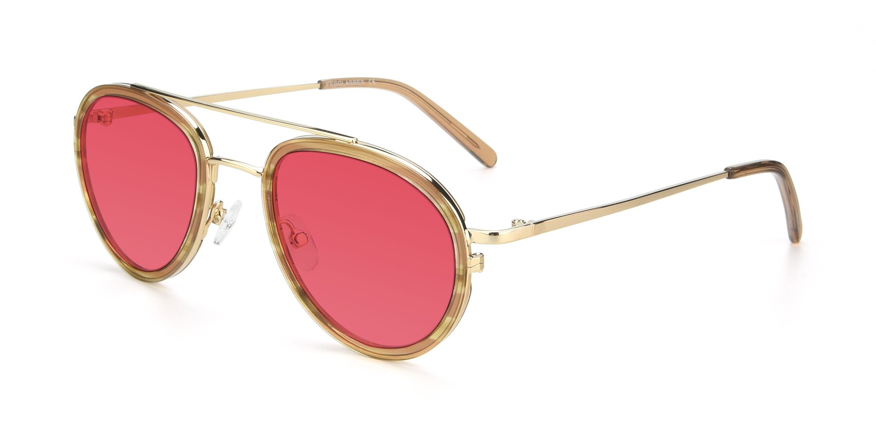 Angle of 9554 in Gold-Caramel with Red Tinted Lenses