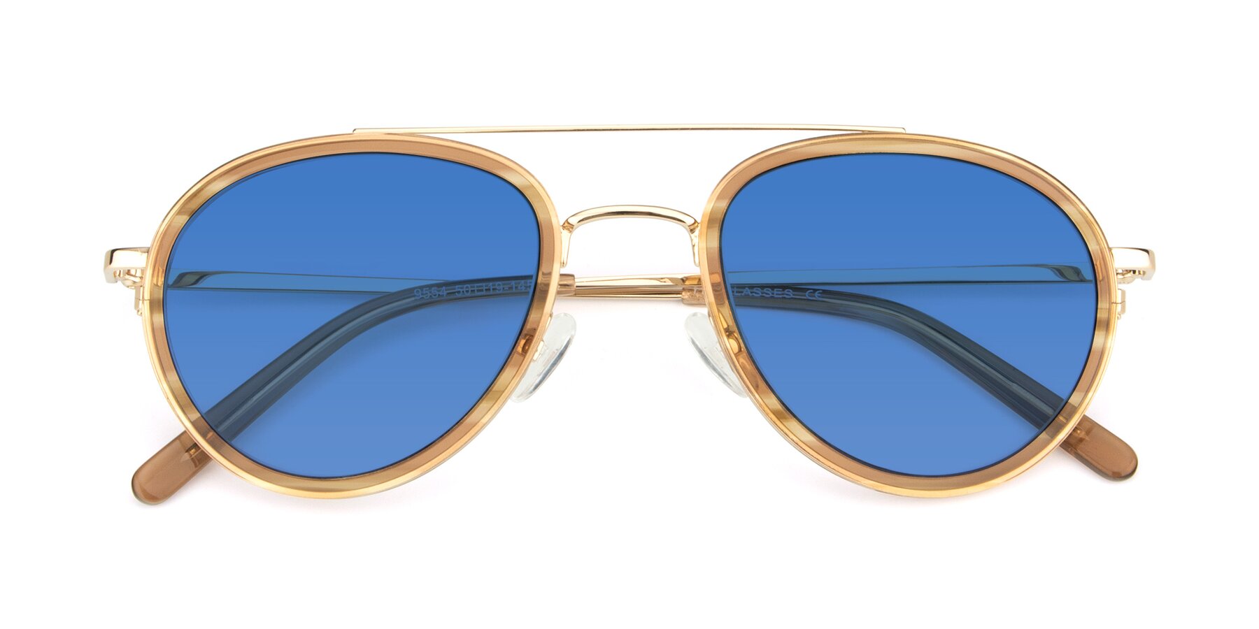 Folded Front of 9554 in Gold-Caramel with Blue Tinted Lenses