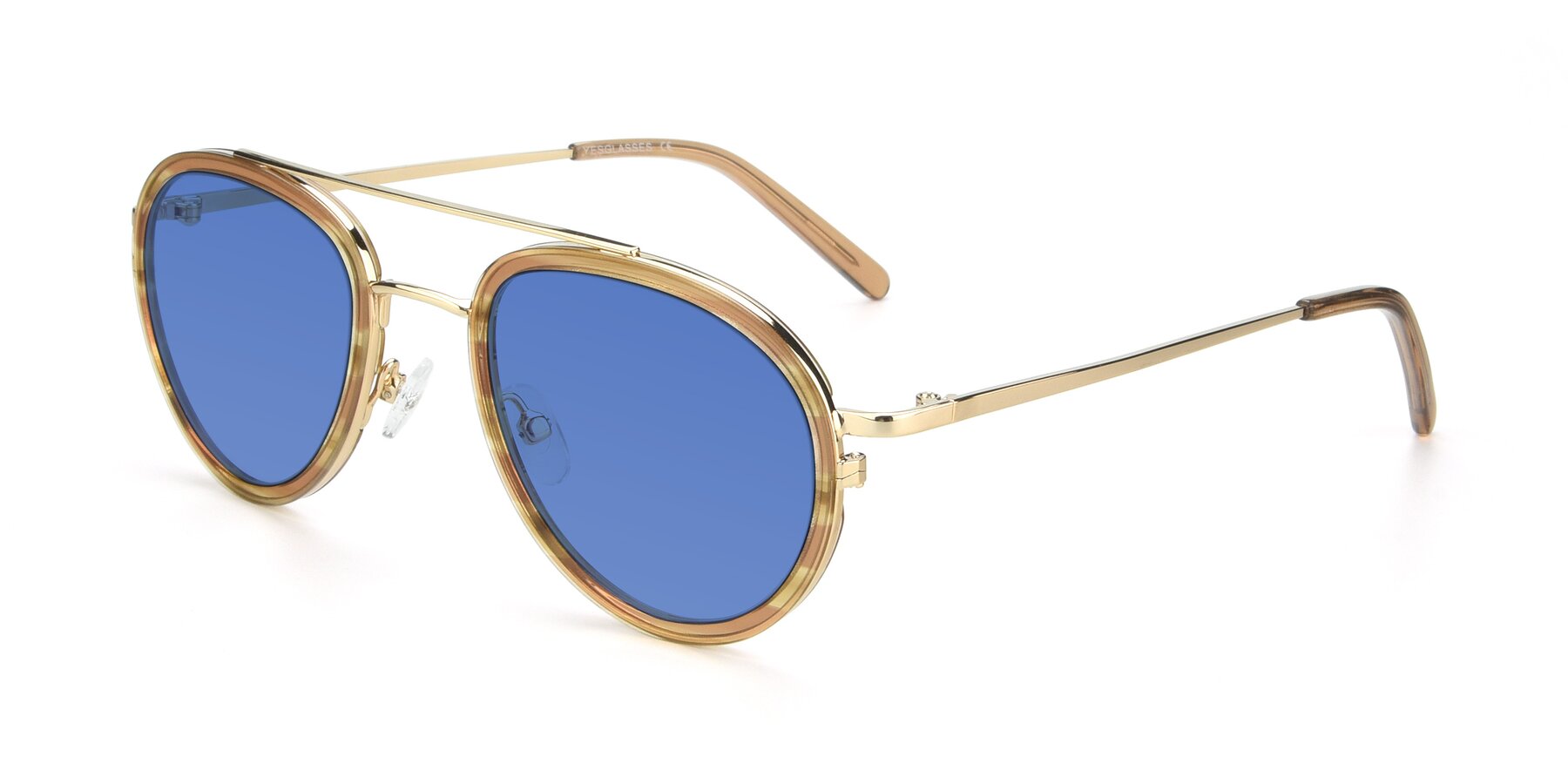 Angle of 9554 in Gold-Caramel with Blue Tinted Lenses