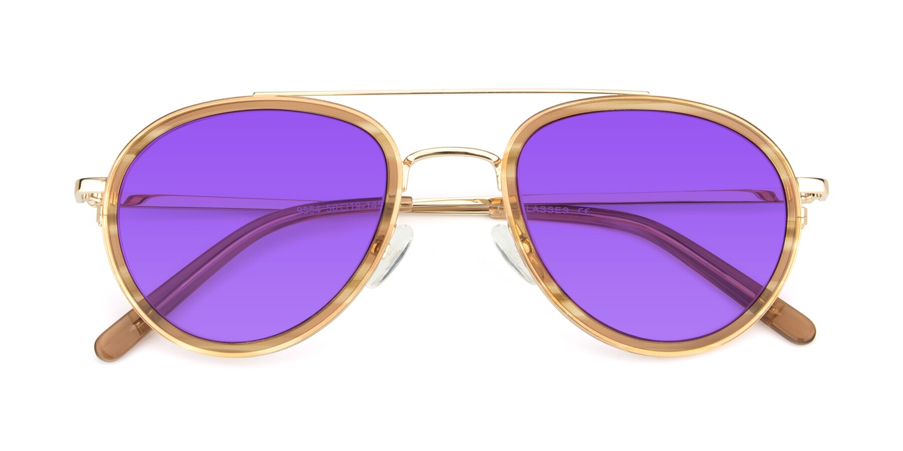 Folded Front of 9554 in Gold-Caramel with Purple Tinted Lenses