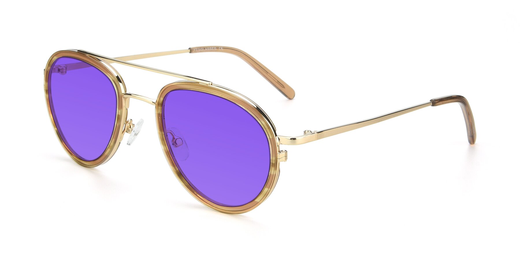 Angle of 9554 in Gold-Caramel with Purple Tinted Lenses