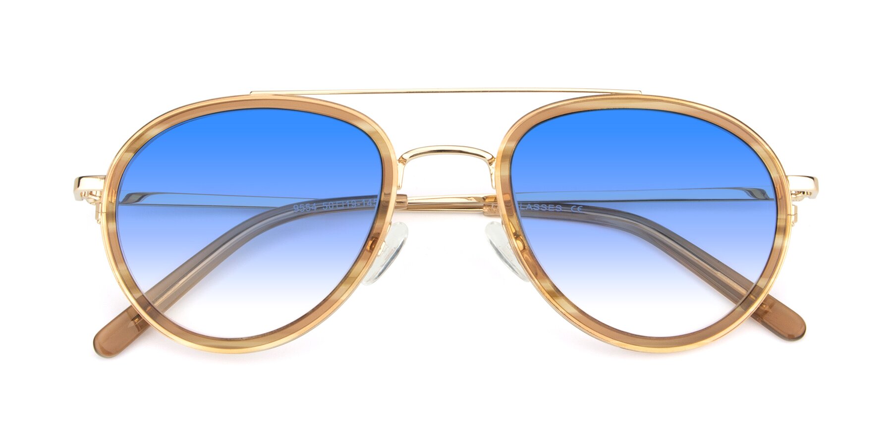 View of 9554 in Gold-Caramel with Blue Gradient Lenses