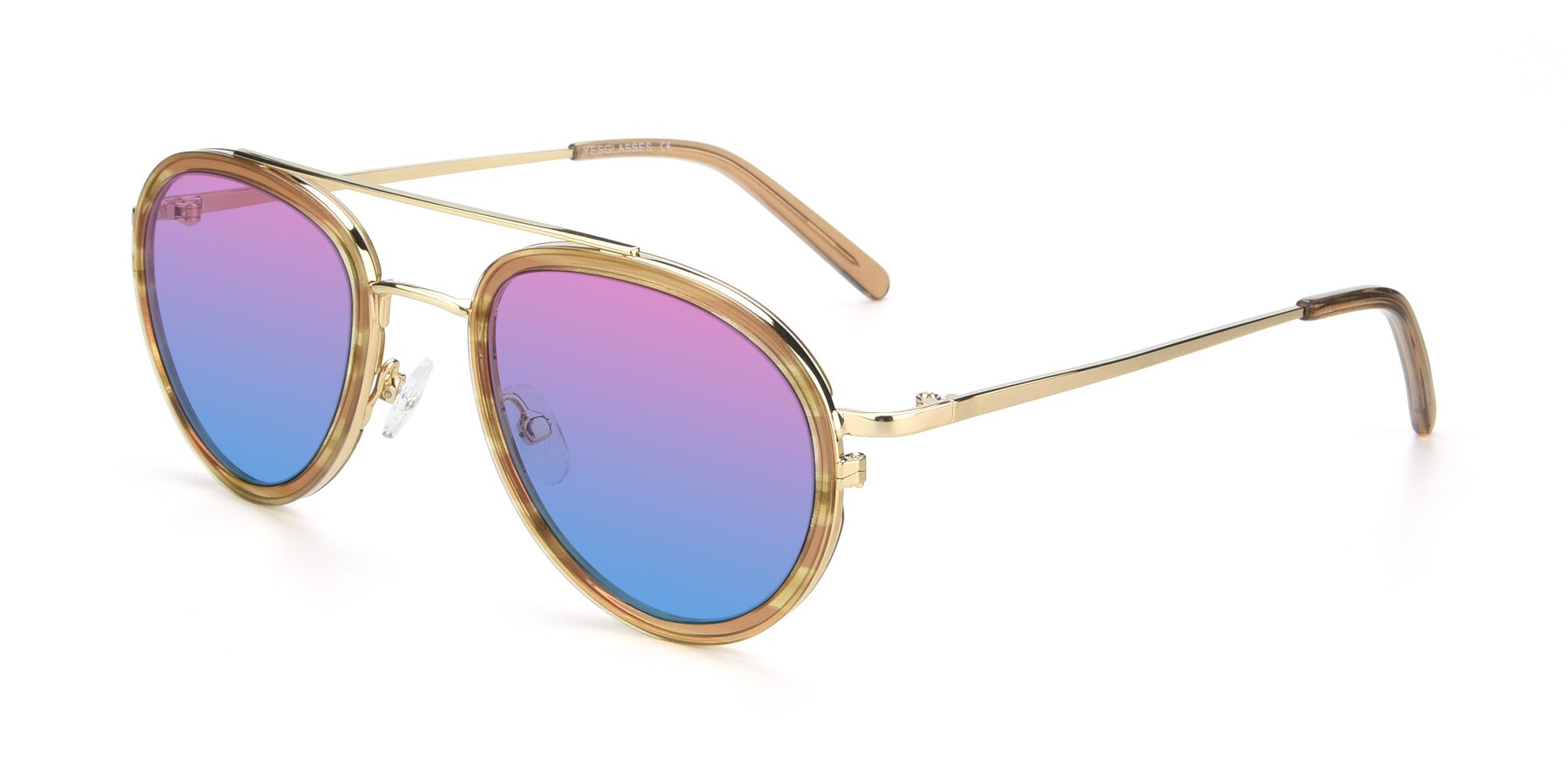 Angle of 9554 in Gold-Caramel with Pink / Blue Gradient Lenses