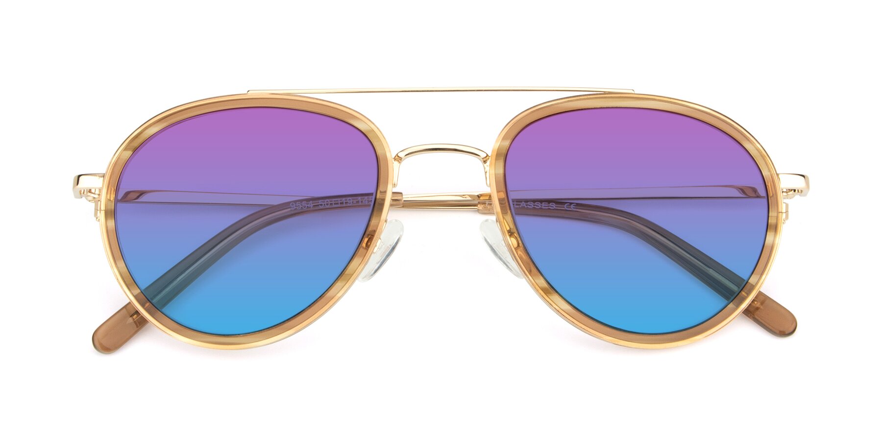 Folded Front of 9554 in Gold-Caramel with Purple / Blue Gradient Lenses