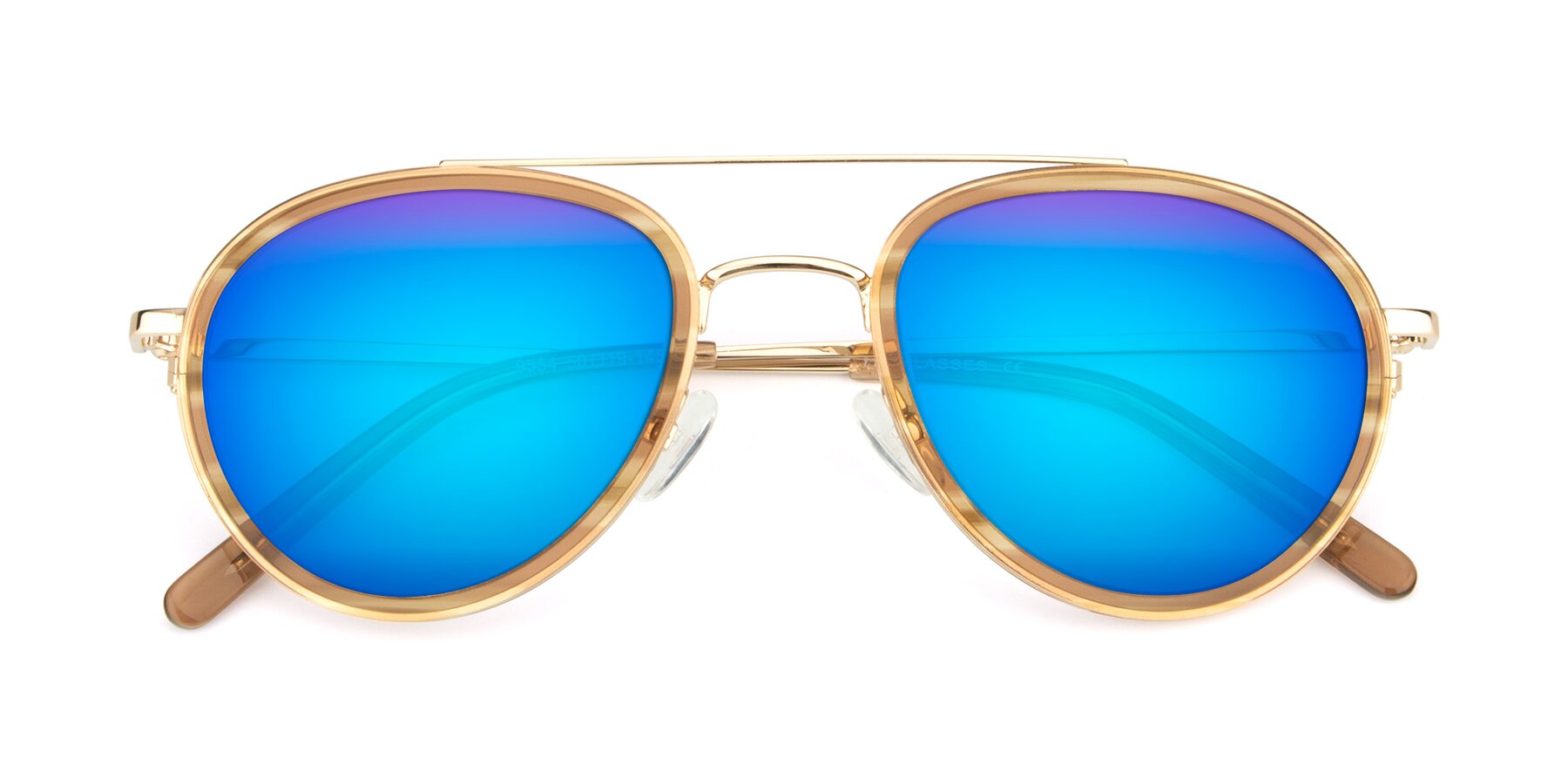 Folded Front of 9554 in Gold-Caramel with Blue Mirrored Lenses