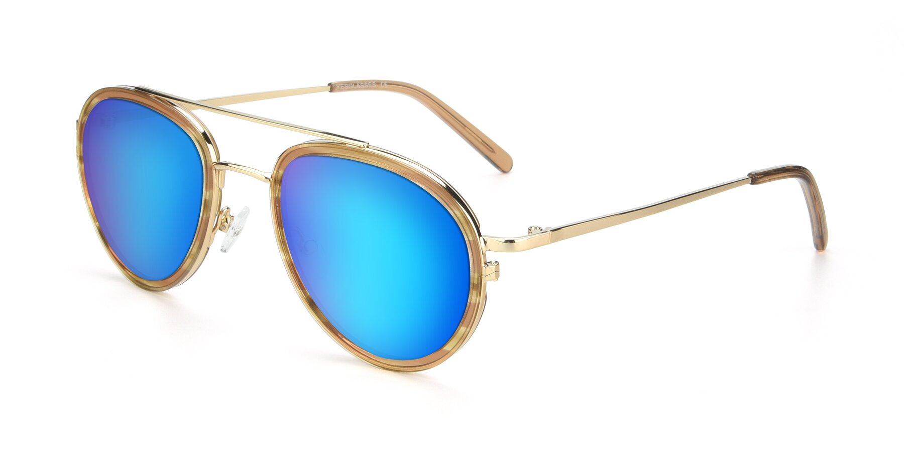 Angle of 9554 in Gold-Caramel with Blue Mirrored Lenses