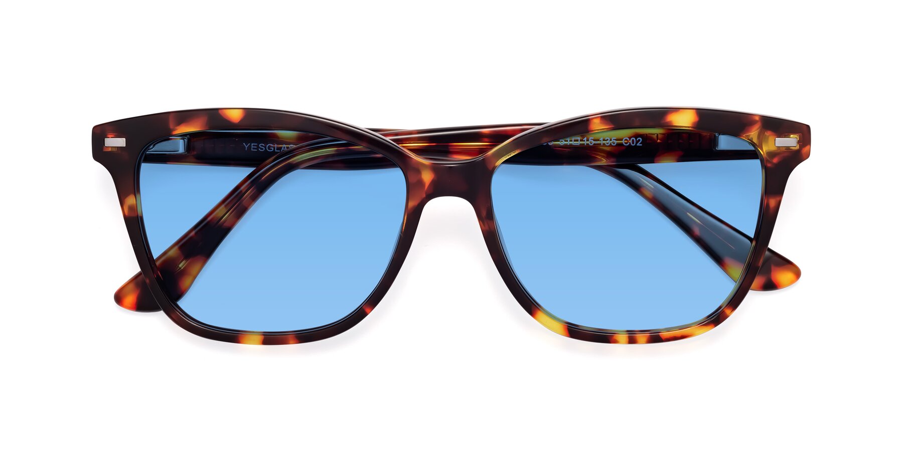 Folded Front of 17485 in Tortoise with Medium Blue Tinted Lenses