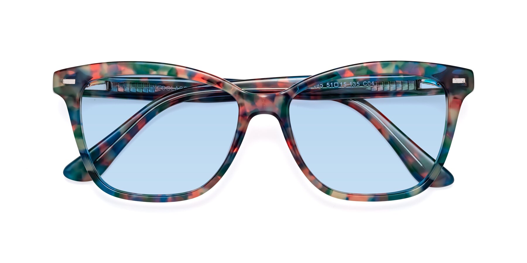 Folded Front of 17485 in Floral Tortoise with Light Blue Tinted Lenses