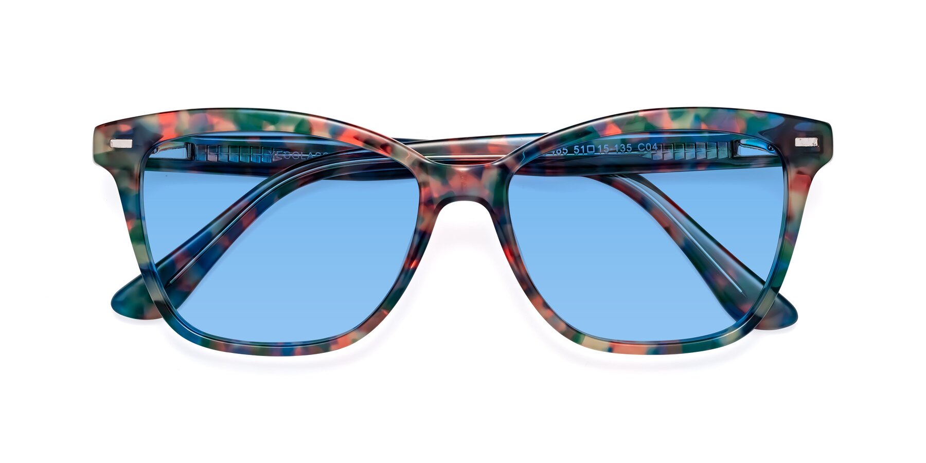 Folded Front of 17485 in Floral Tortoise with Medium Blue Tinted Lenses