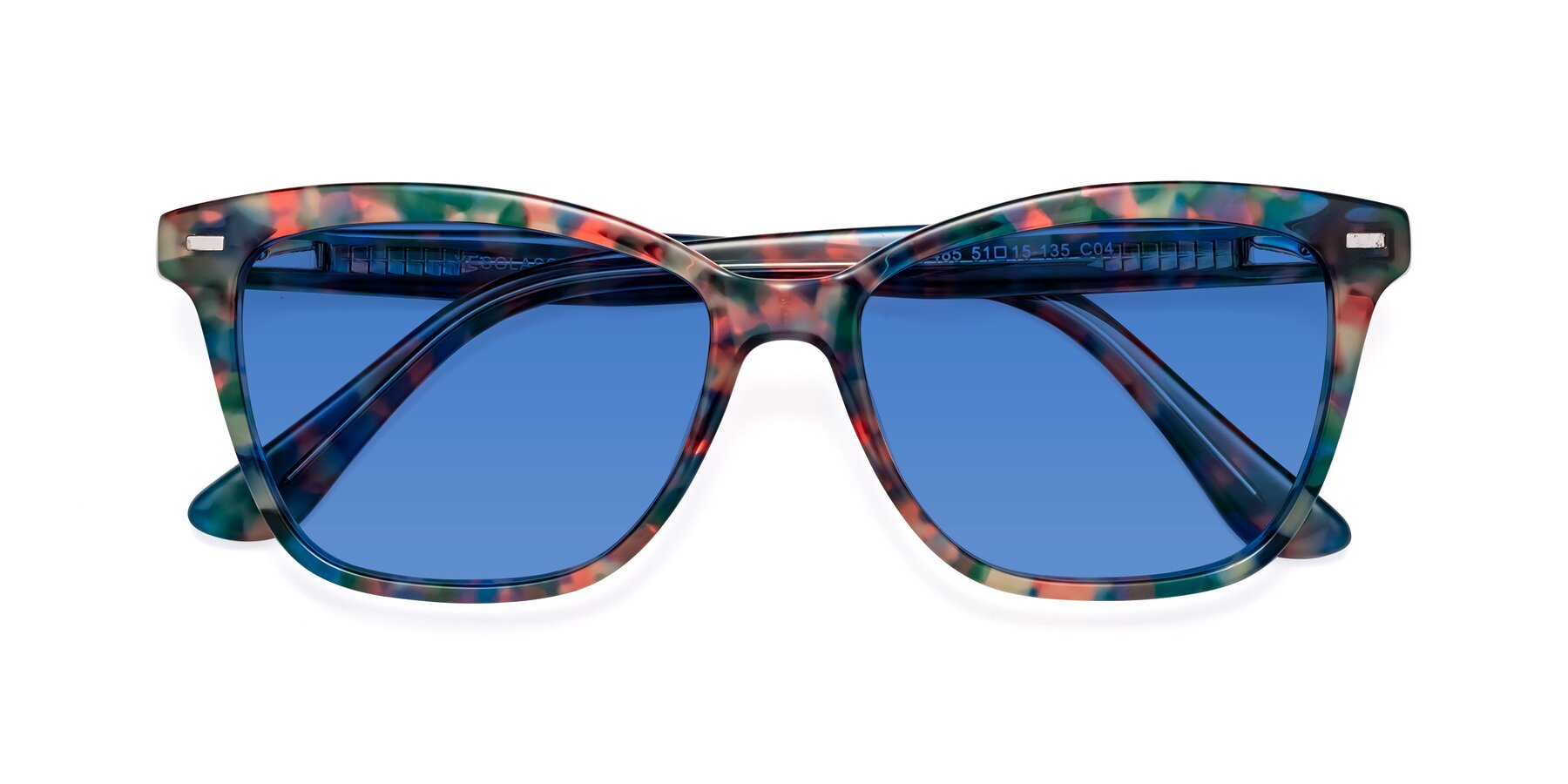 Folded Front of 17485 in Floral Tortoise with Blue Tinted Lenses