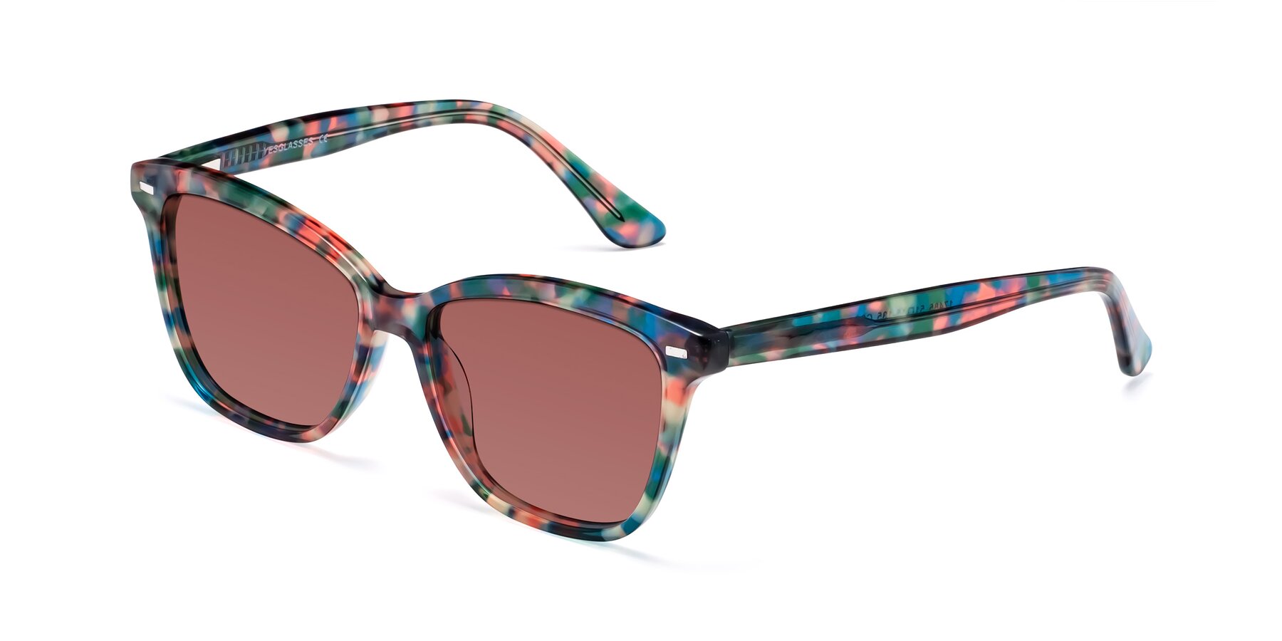 Angle of 17485 in Floral Tortoise with Garnet Tinted Lenses