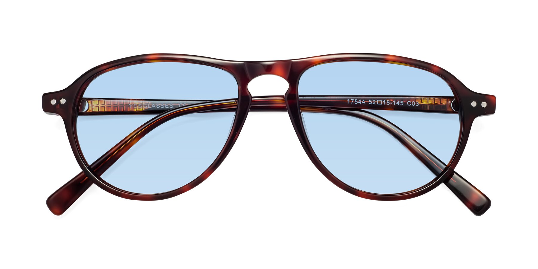 Folded Front of 17544 in Burgundy Tortoise with Light Blue Tinted Lenses