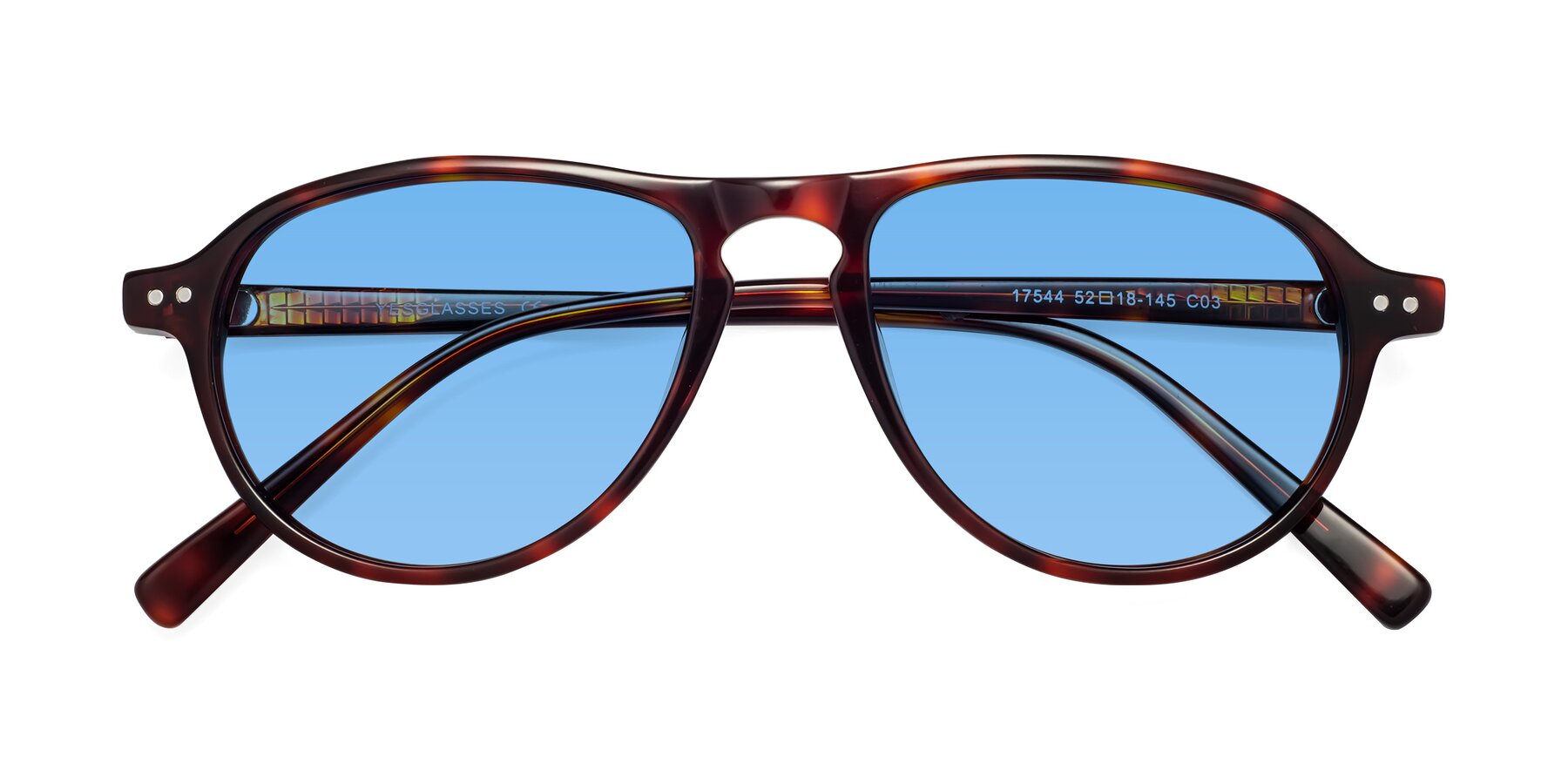 Folded Front of 17544 in Burgundy Tortoise with Medium Blue Tinted Lenses