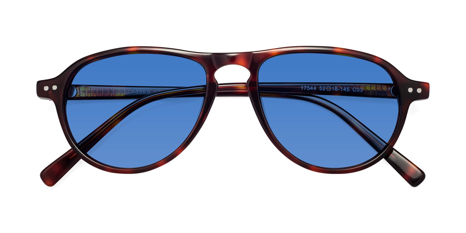 Folded Front of 17544 in Burgundy Tortoise with Blue Tinted Lenses