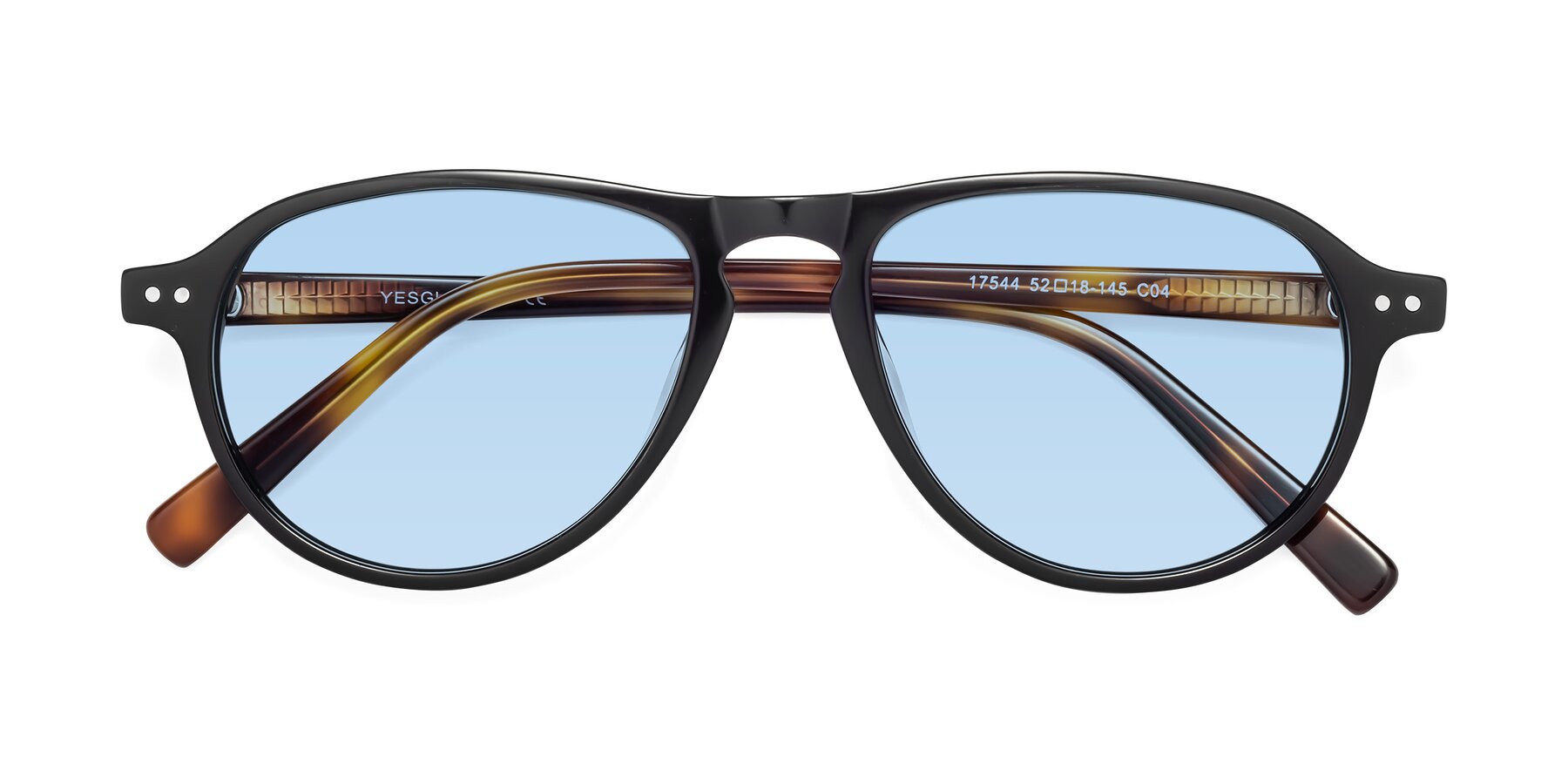 Folded Front of 17544 in Black-Tortoise with Light Blue Tinted Lenses