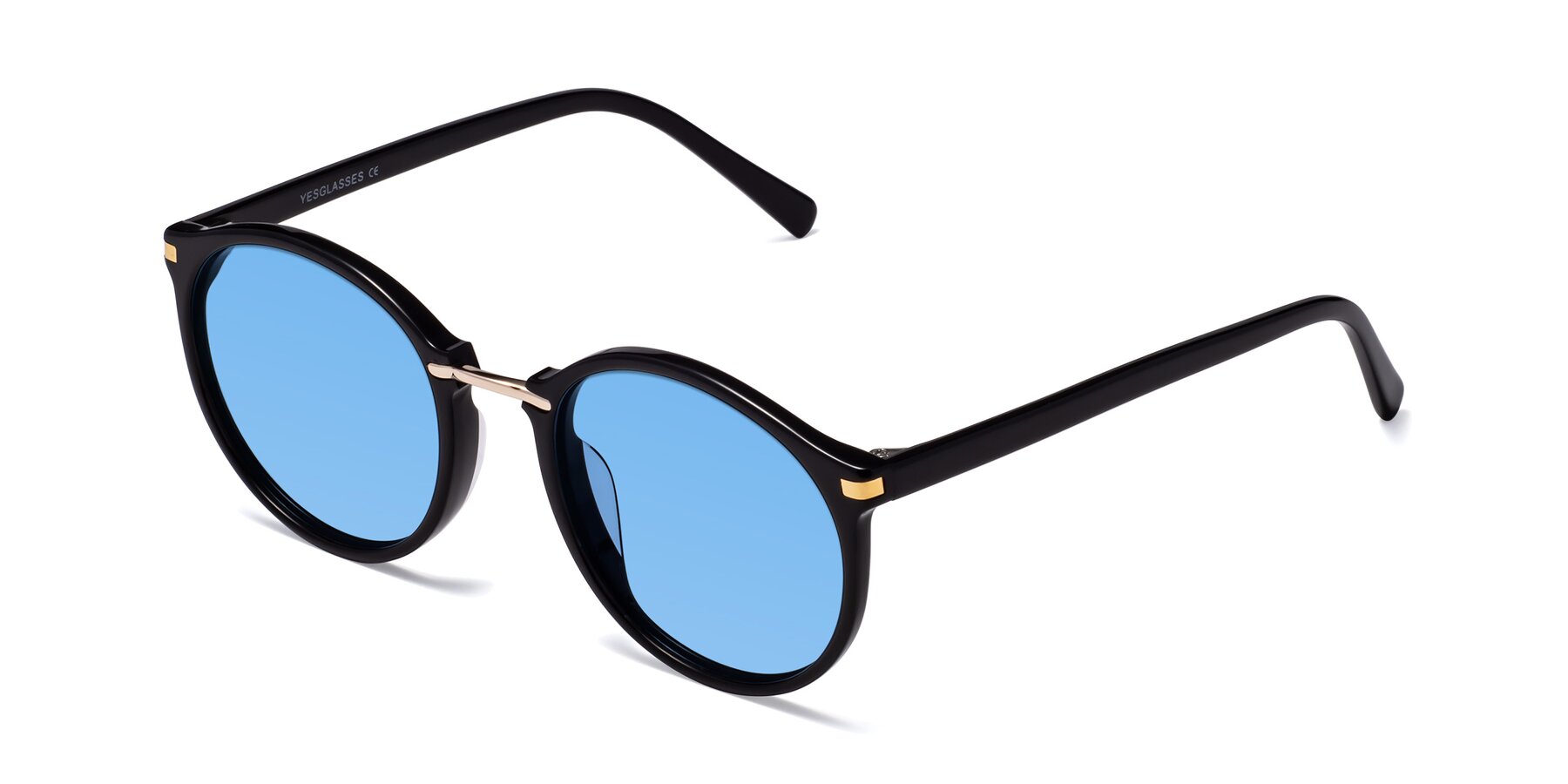 Angle of Casper in Black with Medium Blue Tinted Lenses