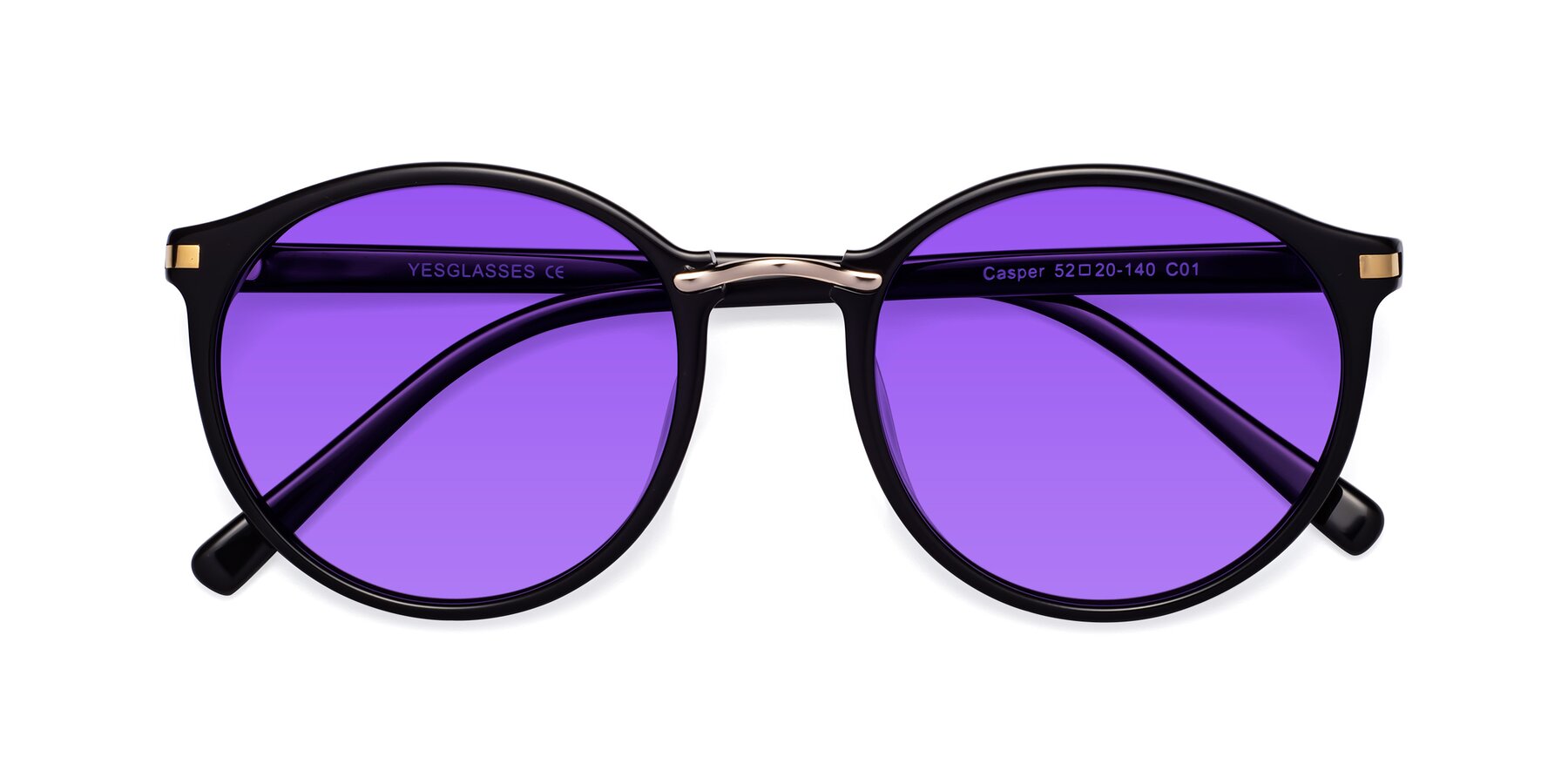 Folded Front of Casper in Black with Purple Tinted Lenses