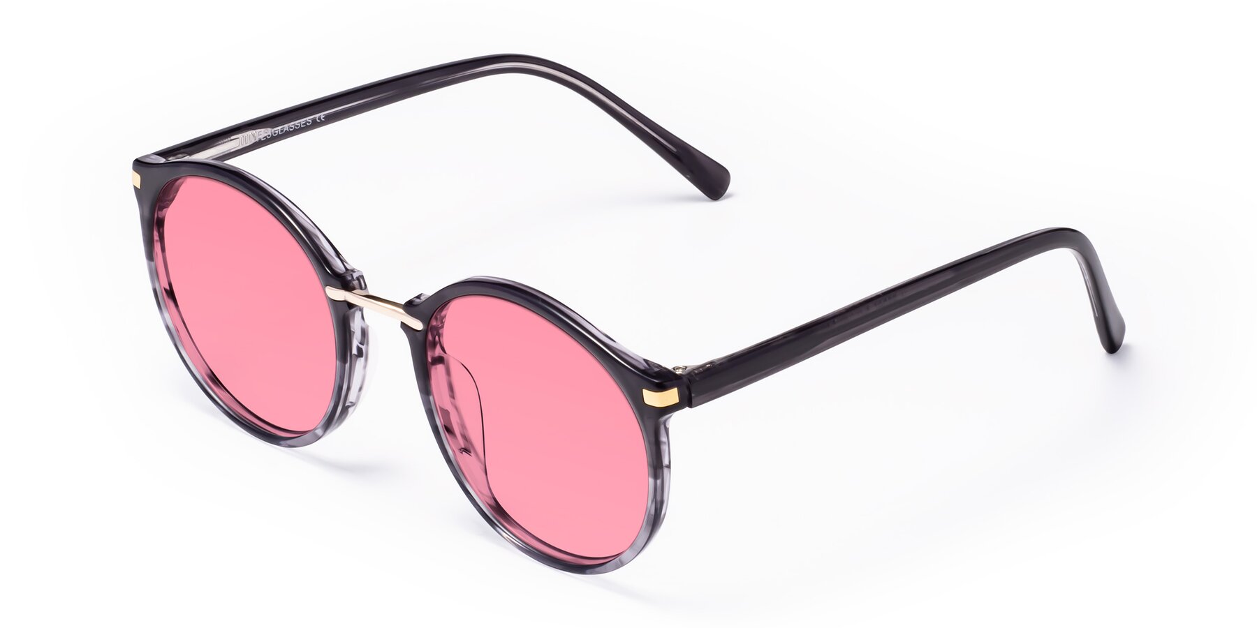 Angle of Casper in Translucent Black with Pink Tinted Lenses
