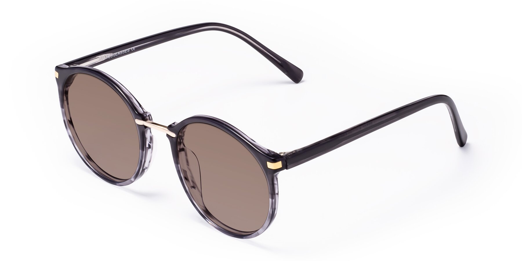 Angle of Casper in Translucent Black with Medium Brown Tinted Lenses