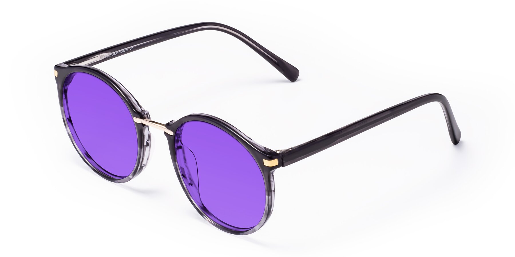 Angle of Casper in Translucent Black with Purple Tinted Lenses