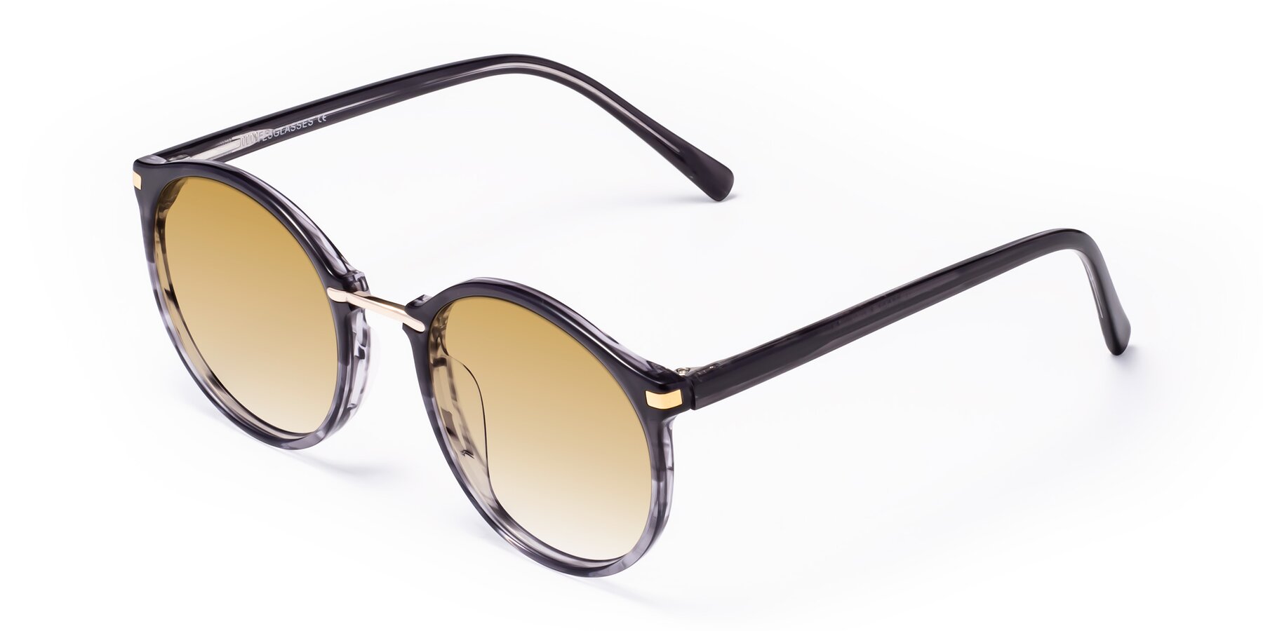 Angle of Casper in Translucent Black with Champagne Gradient Lenses