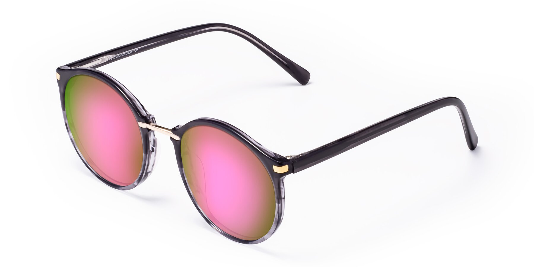 Angle of Casper in Translucent Black with Pink Mirrored Lenses
