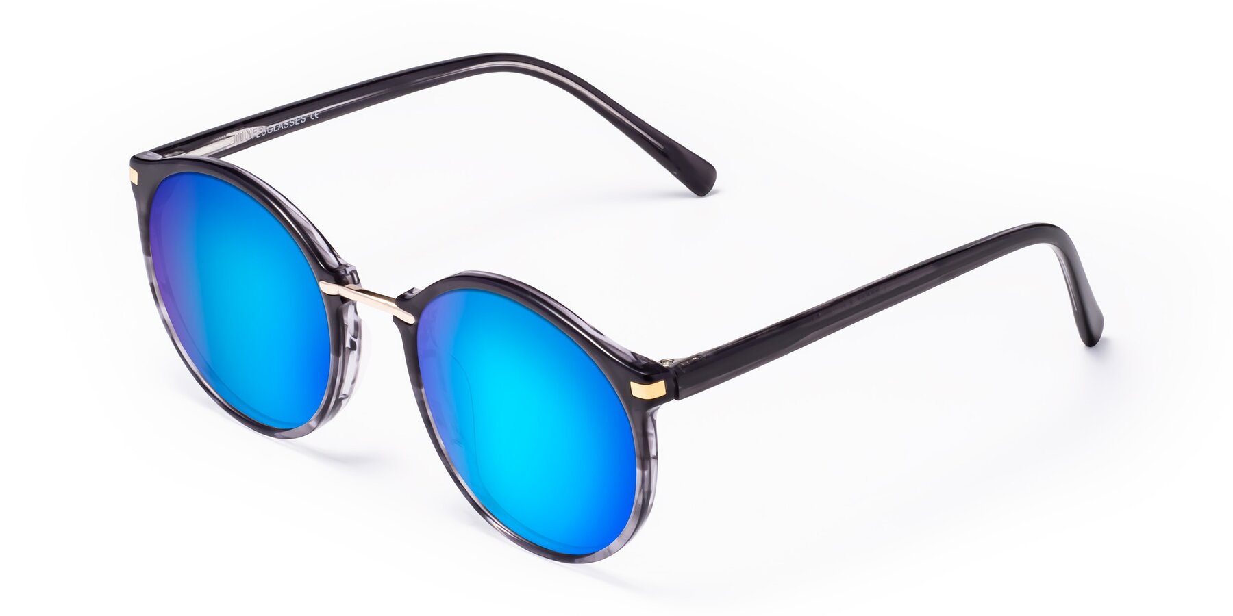 Angle of Casper in Translucent Black with Blue Mirrored Lenses