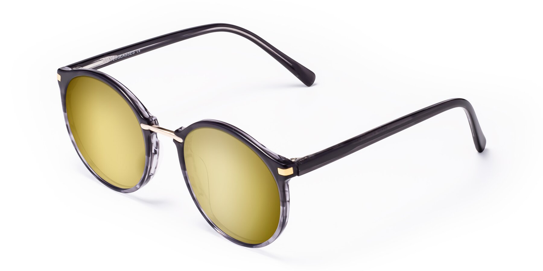 Angle of Casper in Translucent Black with Gold Mirrored Lenses