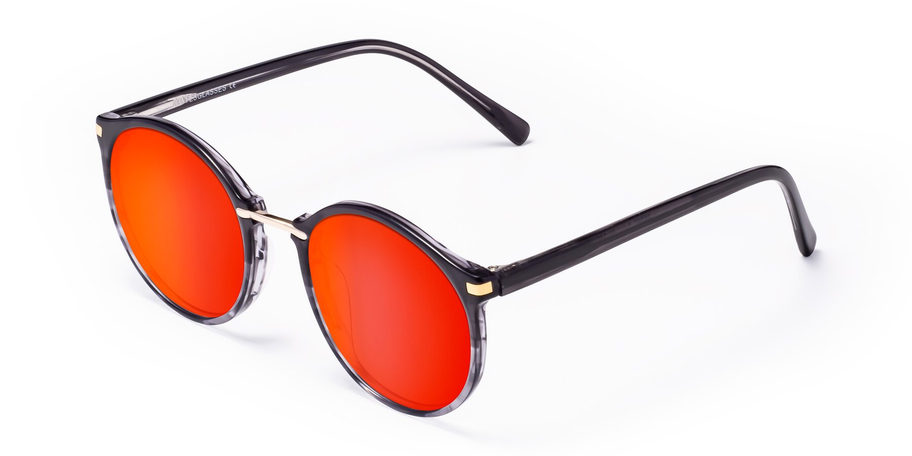 Angle of Casper in Translucent Black with Red Gold Mirrored Lenses