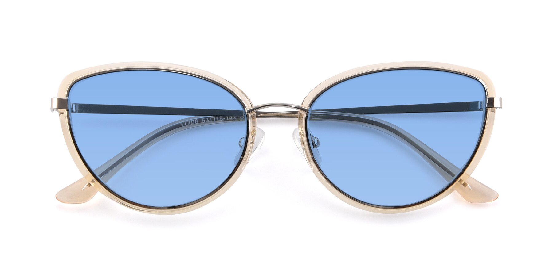 Folded Front of 17706 in Transparent Caramel-Silver with Medium Blue Tinted Lenses