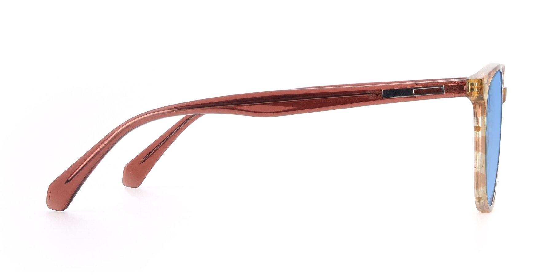 Side of 17721 in Stripe Caramel with Medium Blue Tinted Lenses