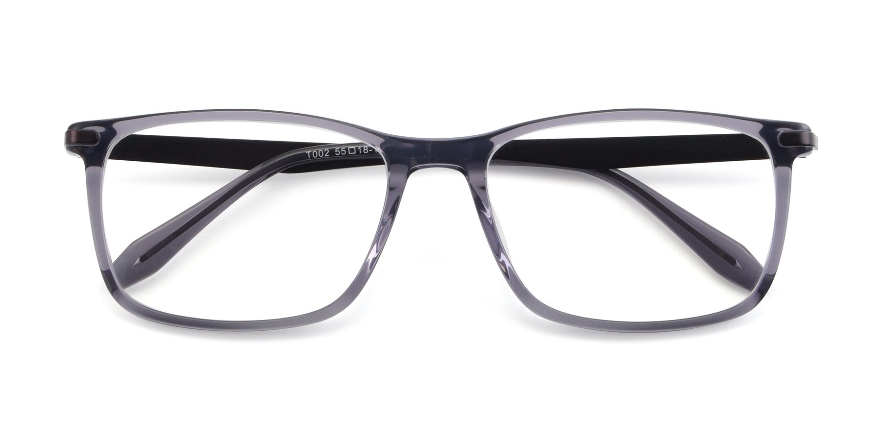 View of T002 in Transparent Grey with Clear Reading Eyeglass Lenses
